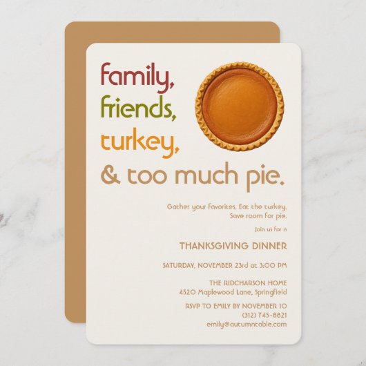 Family, Friends, Turkey, Pie Modern Thanksgiving Einladung (Vorne/Hinten)