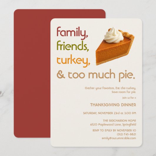 Family, Friends, Turkey, Pie Modern Thanksgiving Einladung (Vorne/Hinten)