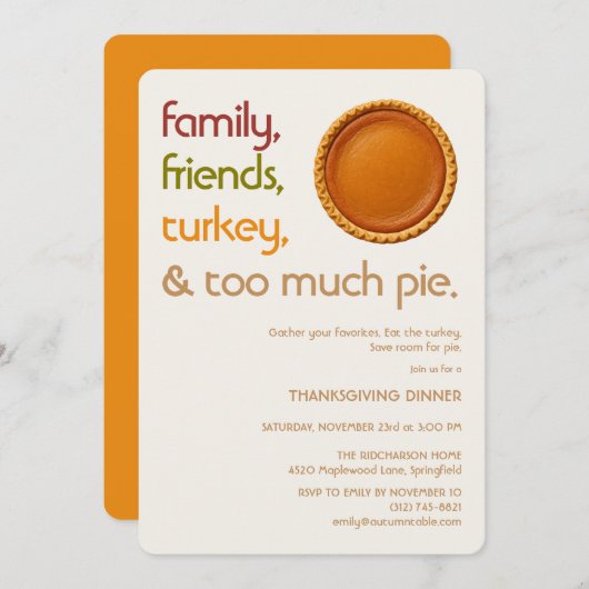 Family, Friends, Turkey, Pie Modern Thanksgiving Einladung (Vorne/Hinten)