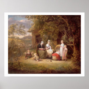 Family Group before a Thatched Cottage (oil on can Poster
