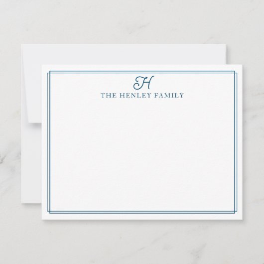 Family Initial Blue Border Monogram Stationery Mitteilungskarte (Vorderseite)