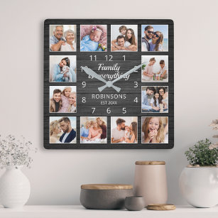 Family Is Everything Quote Photo Collage Black Quadratische Wanduhr