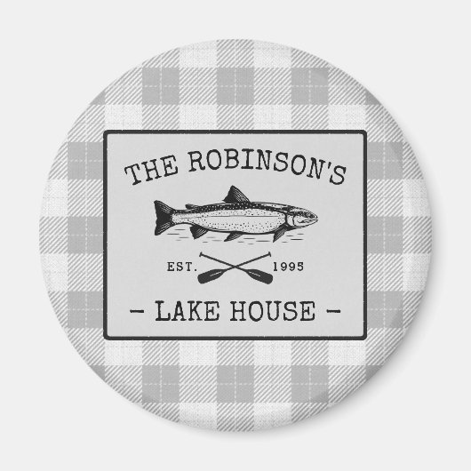 Family Lake House Oars Fish White Kariert Round Magnet (Vorne)
