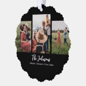 Family Modern Script Black 3 Foto Ornament Karte (Links)