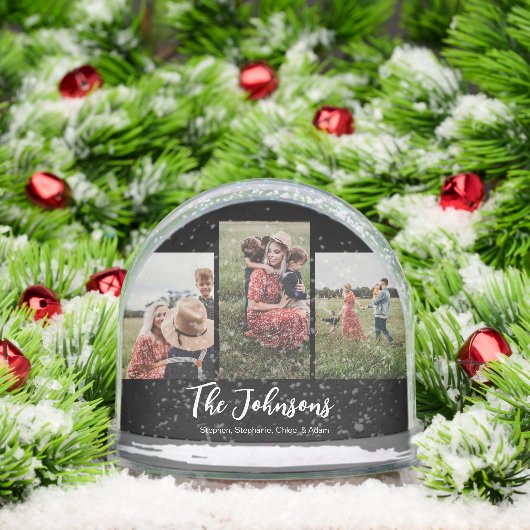 Family Modern Script Black 3 Foto Schneekugeln (Weihnachten)
