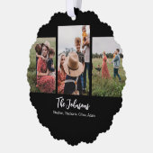 Family Modern Script Black 3 Photo Ornament Karte (Links)