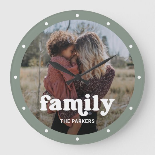 Family | Modern Script with Photo Sage Green Große Wanduhr (Vorderseite)