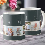 FAMILY Moderne Typografie und Custom 6 Foto Slate Kaffeetasse<br><div class="desc">Personalisierter Schlamm mit dem Wort FAMILY, geschrieben in der modernen Typografie, über Ihren Fotos. Die Fotovorlage ist für Sie ein Set, um 6 Ihrer Lieblingsfotos hinzuzufügen, die in quadratischer Form in einer einfachen, Streifen-Stil, Foto-Collage angezeigt werden. Dieses elegante und stilvolle Sonderwerk verfügt über eine moderne Farbpalette aus Schiefergrau und natürlich...</div>
