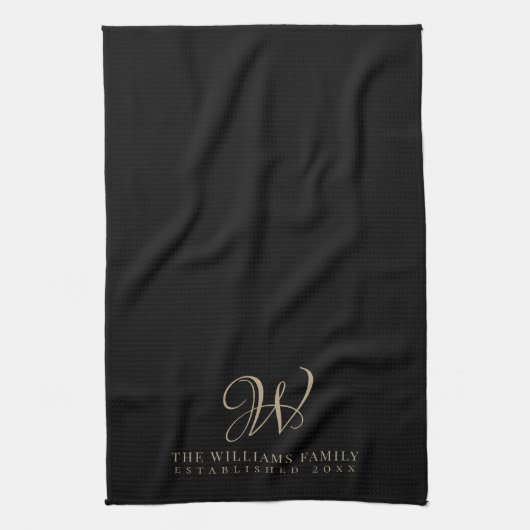 Family Monogram Elegant Script Black Kitchen Geschirrtuch (Vertikal)