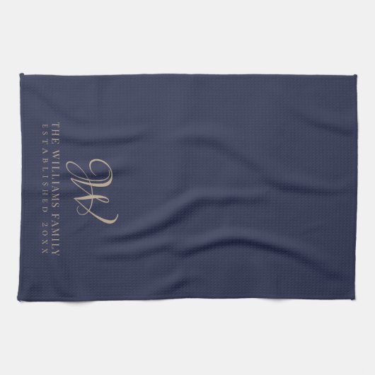 Family Monogram Elegant Script Navy Kitchen Geschirrtuch (Horizontal)