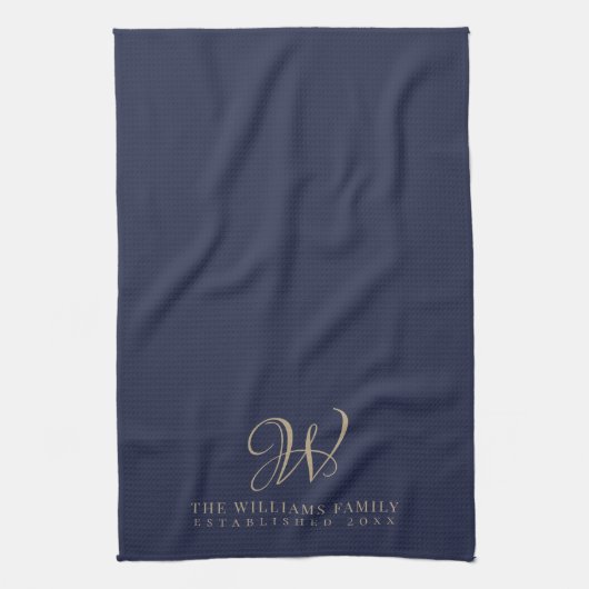 Family Monogram Elegant Script Navy Kitchen Geschirrtuch (Vertikal)