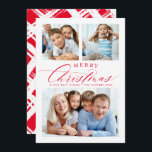 FAMILY MULTI FOTO Traditionelles Weihnachtsrot Feiertagskarte<br><div class="desc">von kat massard >>> WWW.SIMPLYSWEETPAPERIE.COM << Eine super fun card Design mit dem Zitat "MERRY CHRISTMAS" mit kombiniertem eleganten Skripttyp mit Serifentypografie und Kreuzbruchmuster auf der Rückseite. Mit Platz für 3 Ihrer Lieblings-Fotos!</div>