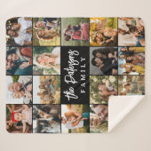 Family Name 18 Photo Collage Modern Elegant Black Sherpadecke (Vorderseite (Horizontal))