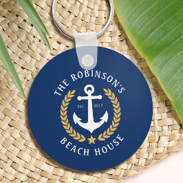 Family Name Beach House Anchor Gold Laurel Navy Schlüsselanhänger