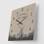 Family Name Cabin Deer Pine Tree Forest Burlap Quadratische Wanduhr (Winkel)