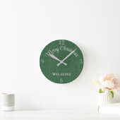 Family Name Merry Christmas Green Denim Print 8-in Runde Wanduhr (Zuhause)