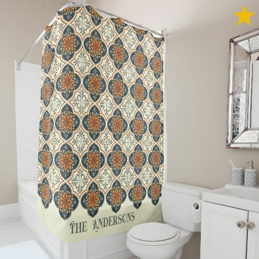 Family Name Spanish Tiles Flower Pattern Azulejos  Duschvorhang