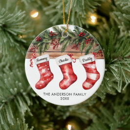 Family of 3 Christmas stockings cute watercolor Keramik Ornament