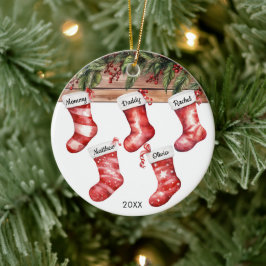 Family of 5 five Christmas stockings watercolor Keramik Ornament