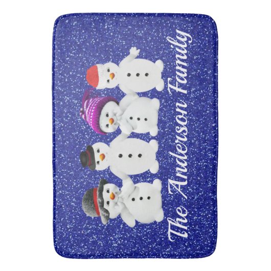 Family of Four Snowmen Blue Sparkle Winter     Badematte (Vorderseite Vertikal)