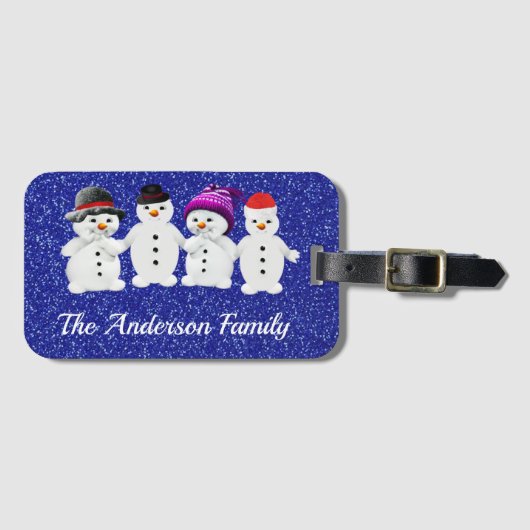 Family of Four Snowmen Blue Sparkle Winter Gepäckanhänger (Vorderseite (Horizontal))