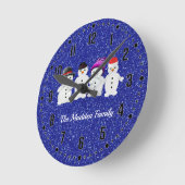 Family of Four Snowmen Blue Sparkle Winter Round P Runde Wanduhr (Winkel)