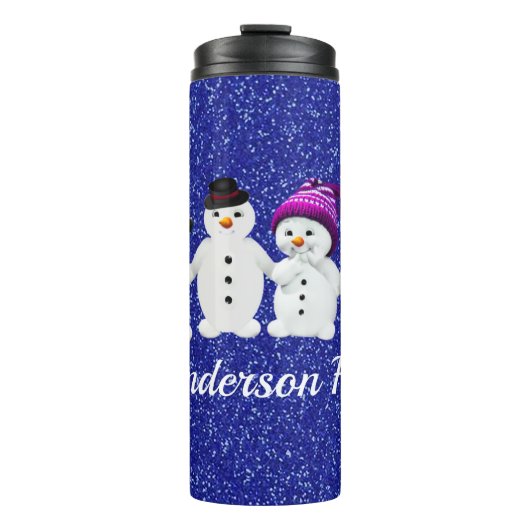 Family of Four Snowmen Blue Sparkle Winter   Table Thermosbecher (Vorderseite)
