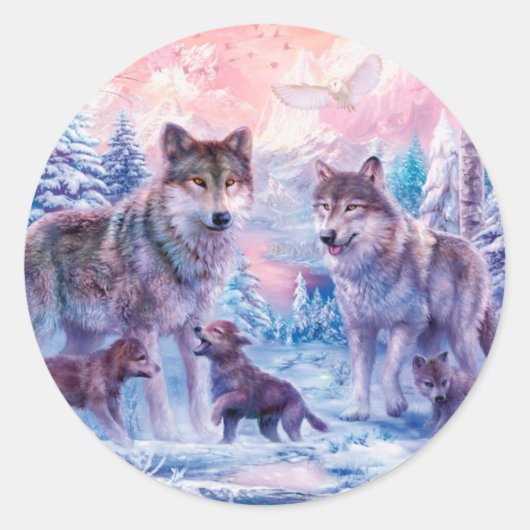 Family Of Wolves Painting Runder Aufkleber (Vorderseite)