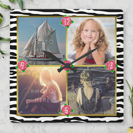 Family Photo Add 4 Custom Pictures | Zebra Roses Quadratische Wanduhr