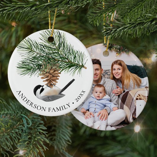 Family Photo Chickadee Pine Cone Christmas Keramik Ornament