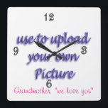 Family Photo Clock- customize and personalize Quadratische Wanduhr<br><div class="desc">Upload your own photo for any of many occasions-- engagement, weddings, graduation, Christmas, mother's day, grandmother, maybe a favorite photo of a pet, or any fun time to capture a memory. Go to my DESIGN IT YOURSELF SECTION to see more items for you to add your own photos and make...</div>