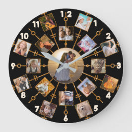 Family Photo Collage 17 Pictures Pretty Black Gold Große Wanduhr
