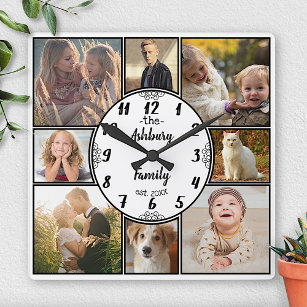 Family Photo Collage 8 Instagram Picture Oval Name Quadratische Wanduhr