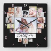 Family Photo Collage Heart 17 Pictures Name Black Quadratische Wanduhr (Vorderseite)