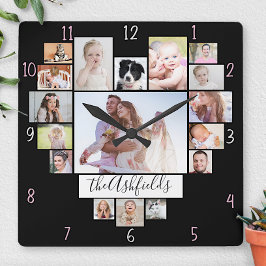 Family Photo Collage Heart 17 Pictures Name Black Quadratische Wanduhr