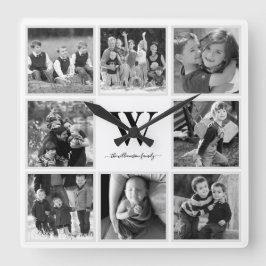 Family Photo Collage Monogram Black and White Quadratische Wanduhr