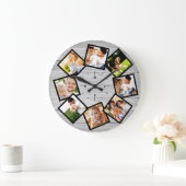 Family Photo Collage Rustic Chic Farmhouse Gray Große Wanduhr (Zuhause)