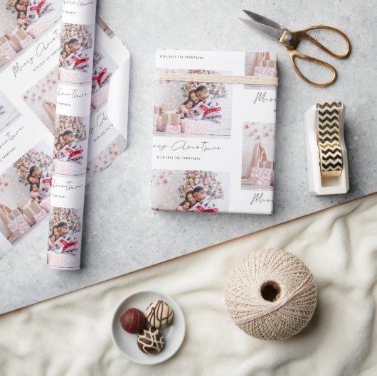 Family Photo Name Script Pattern Merry Christmas Geschenkpapier (Kunsthandwerk)