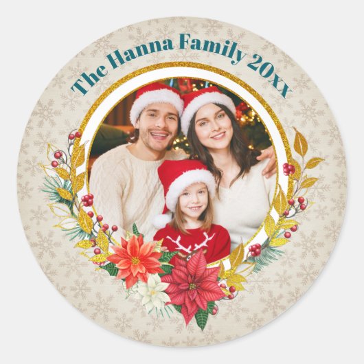 Family Photo & Poinsettia Merry Christmas Gift Runder Aufkleber (Vorderseite)