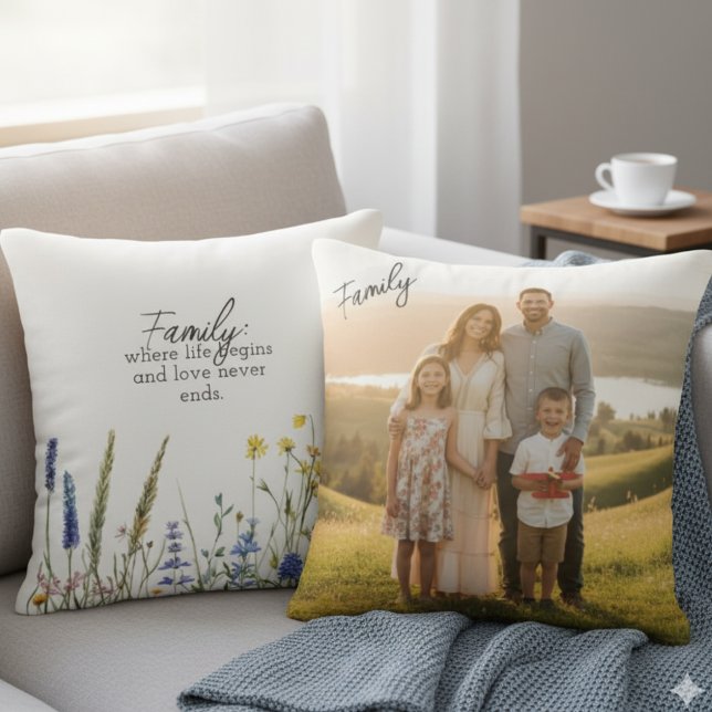 Family Photo & Quote Throw Pillow Kissen (Floral family photo and quote pillow)
