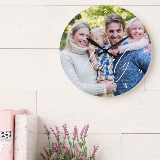 Family Photo with Modern Script Typography Große Wanduhr