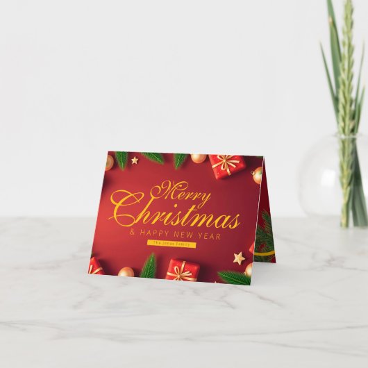 Family Red and Gold Christmas with Tree Ribbon Dankeskarte (Vorderseite)