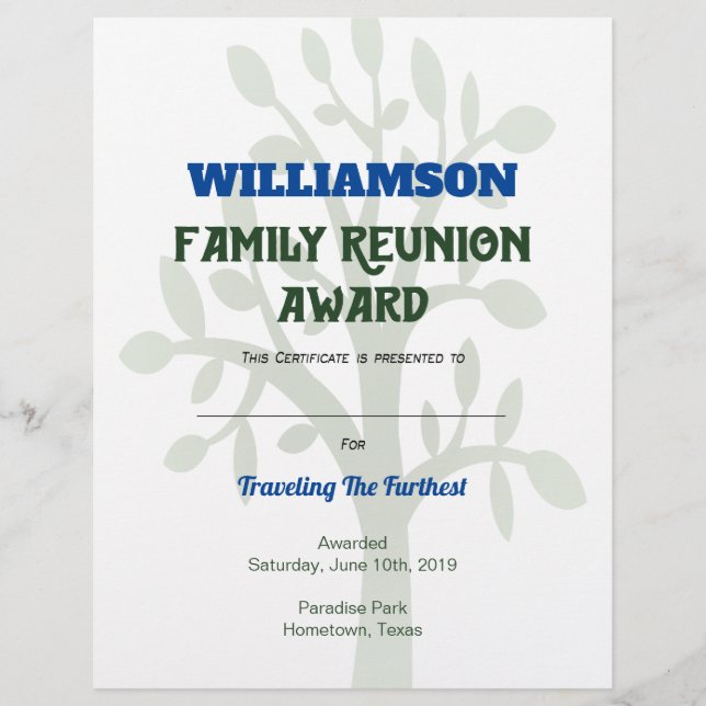 Family Reunion Award Certificate Personalized Tree Briefbogen (Vorderseite)