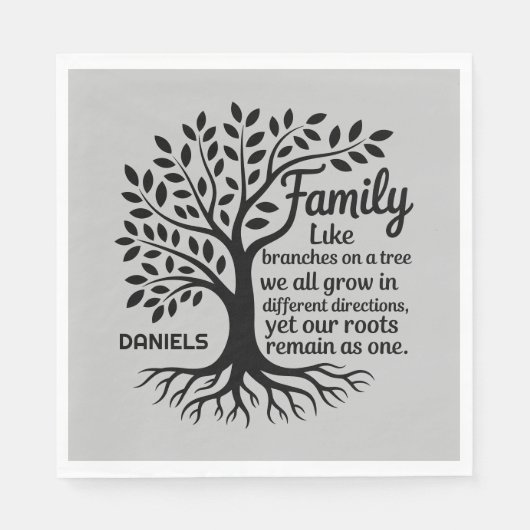 Family Tree Black & Gray Personalized Family Name Serviette (Vorderseite)