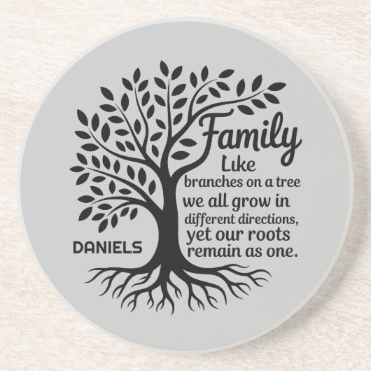 Family Tree Black & Gray Personalized Sandstone Getränkeuntersetzer (Vorne)