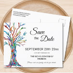 Family Tree Family Wiedersehen Save the Date Ankündigungspostkarte<br><div class="desc">Lass deiner Familie das Datum ihrer Wiedersehen mit dieser stilvollen Save the Date Postkarte. Es verfügt über einen Stammbaum in Regenbogenfarben und Platz für Sie,  um Ihren Familiennamen und Ihre Details anzupassen. Original Mosaik © Michele Davies.</div>
