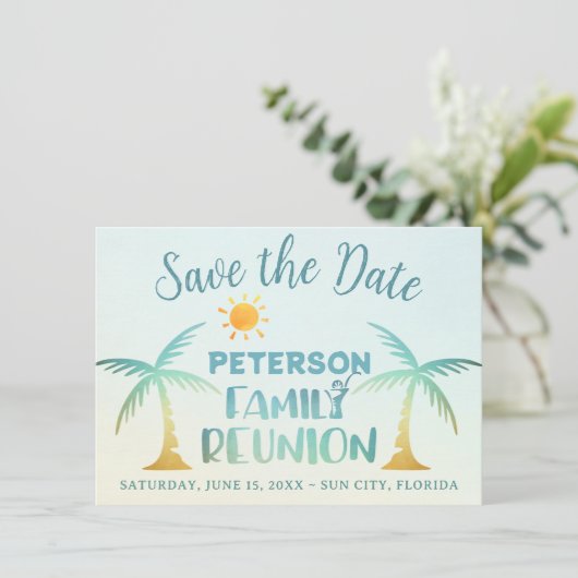 Family Wiedersehen Beach Palm Tree Tropical Save The Date (Stehend Vorderseite)