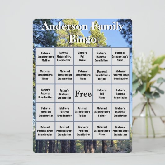 Family Wiedersehen Bingo Card Pine Tree Forest Fot (Stehend Vorderseite)