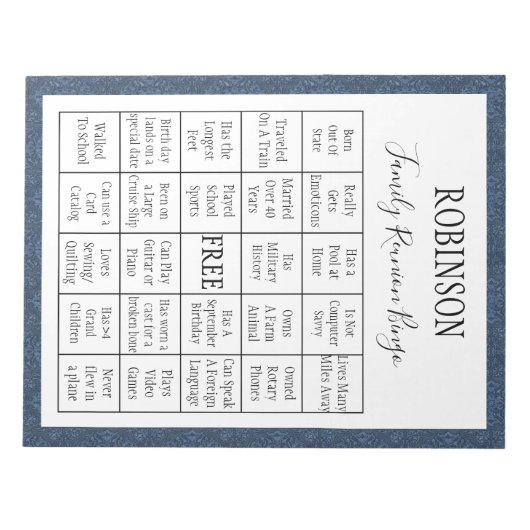 Family Wiedersehen Bingo Game 1 Notizblock (Vorderseite)