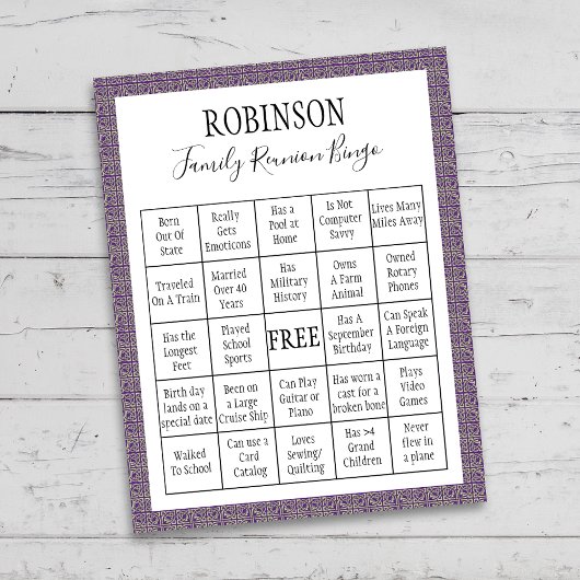 Family Wiedersehen Bingo Game Lila Tile